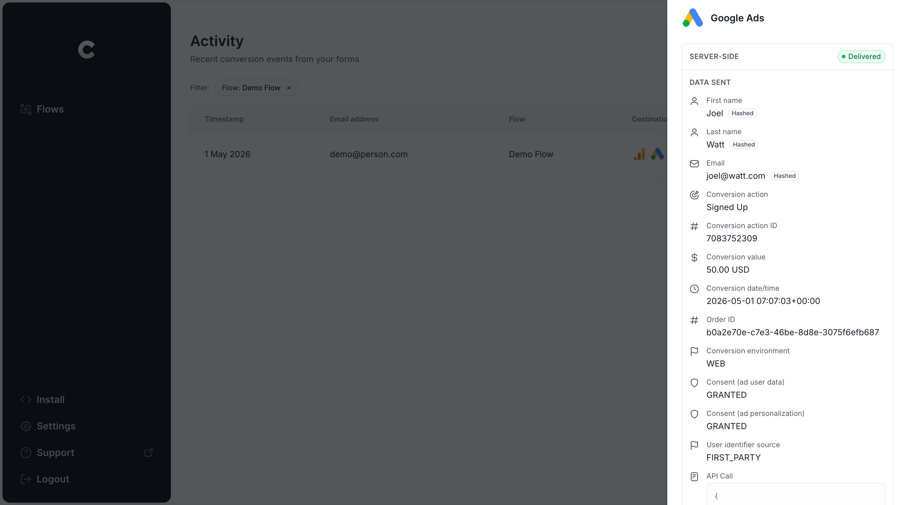 Information sent to Google Ads