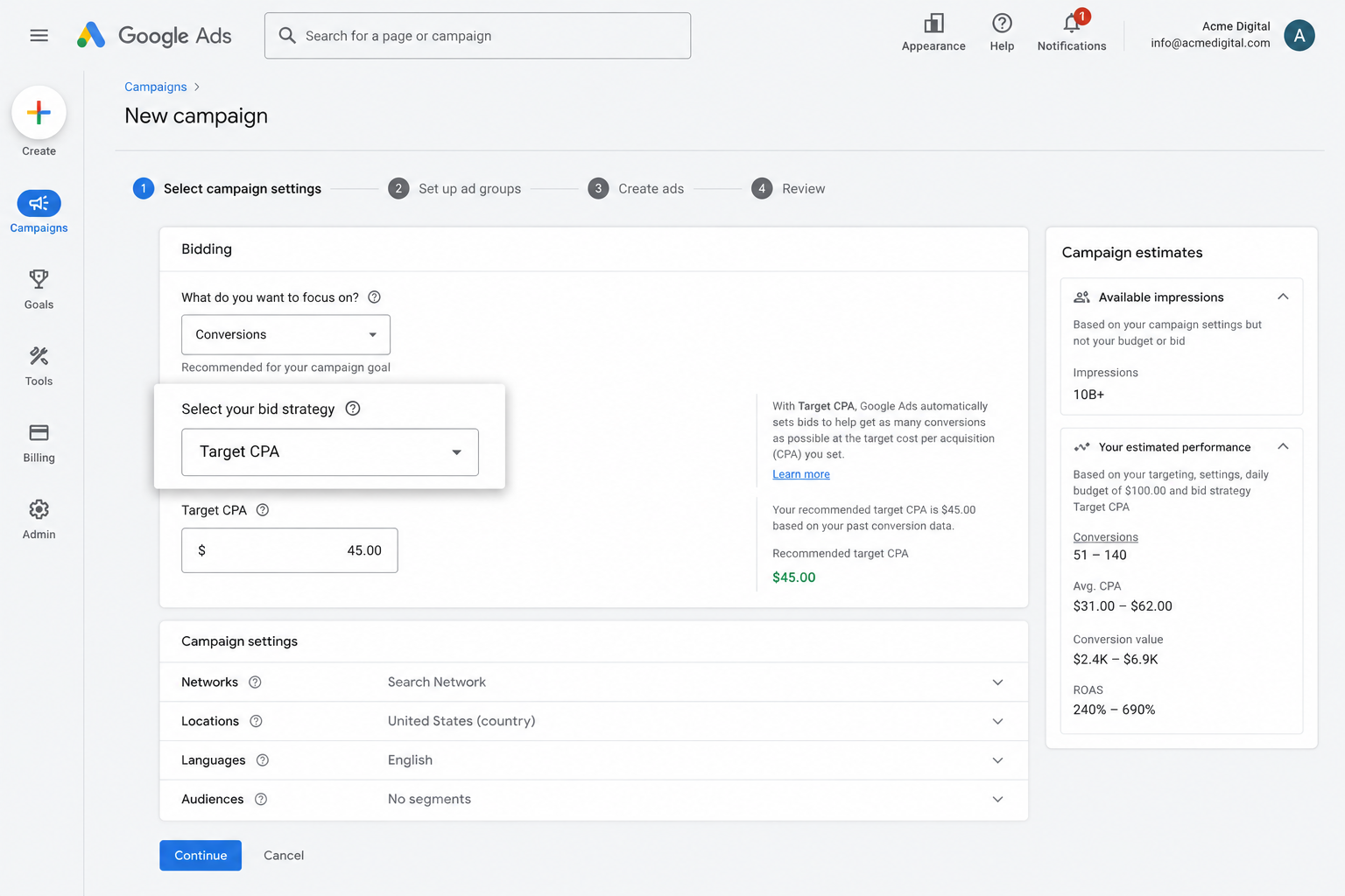 Target CPA smart bidding strategy in Google Ads