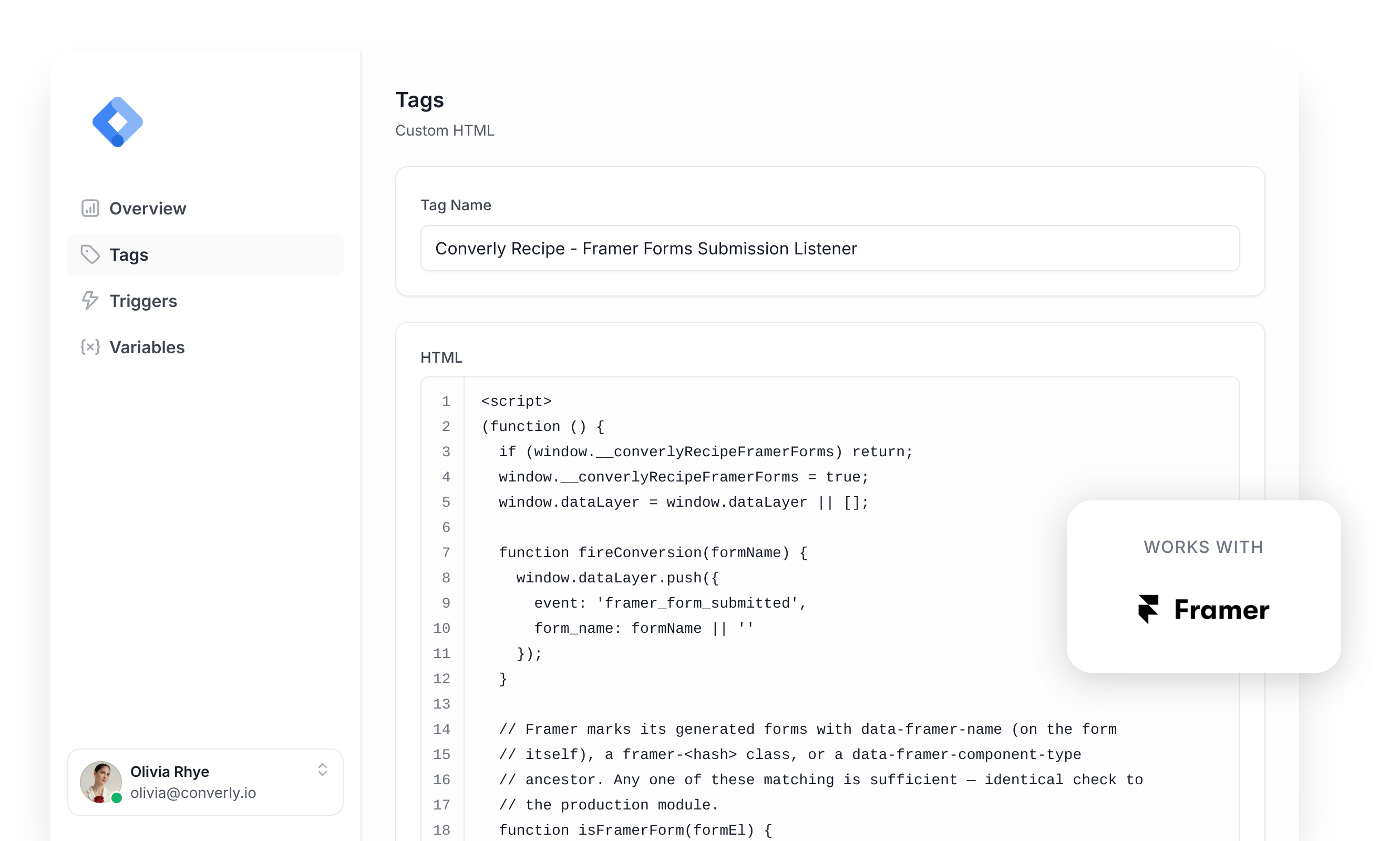 The Framer Forms recipe tag inside Google Tag Manager