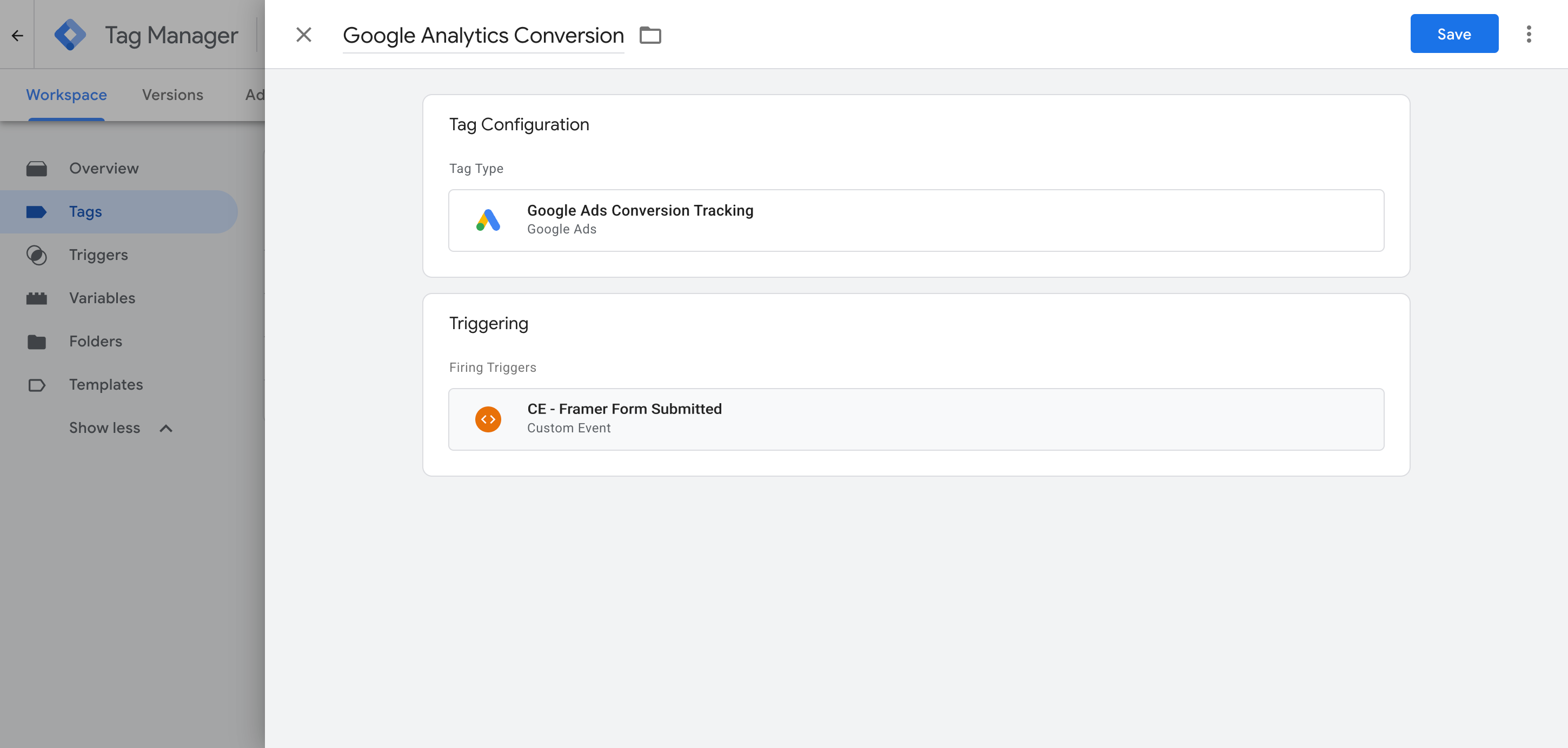 A Google Ads conversion tag using the recipe's trigger