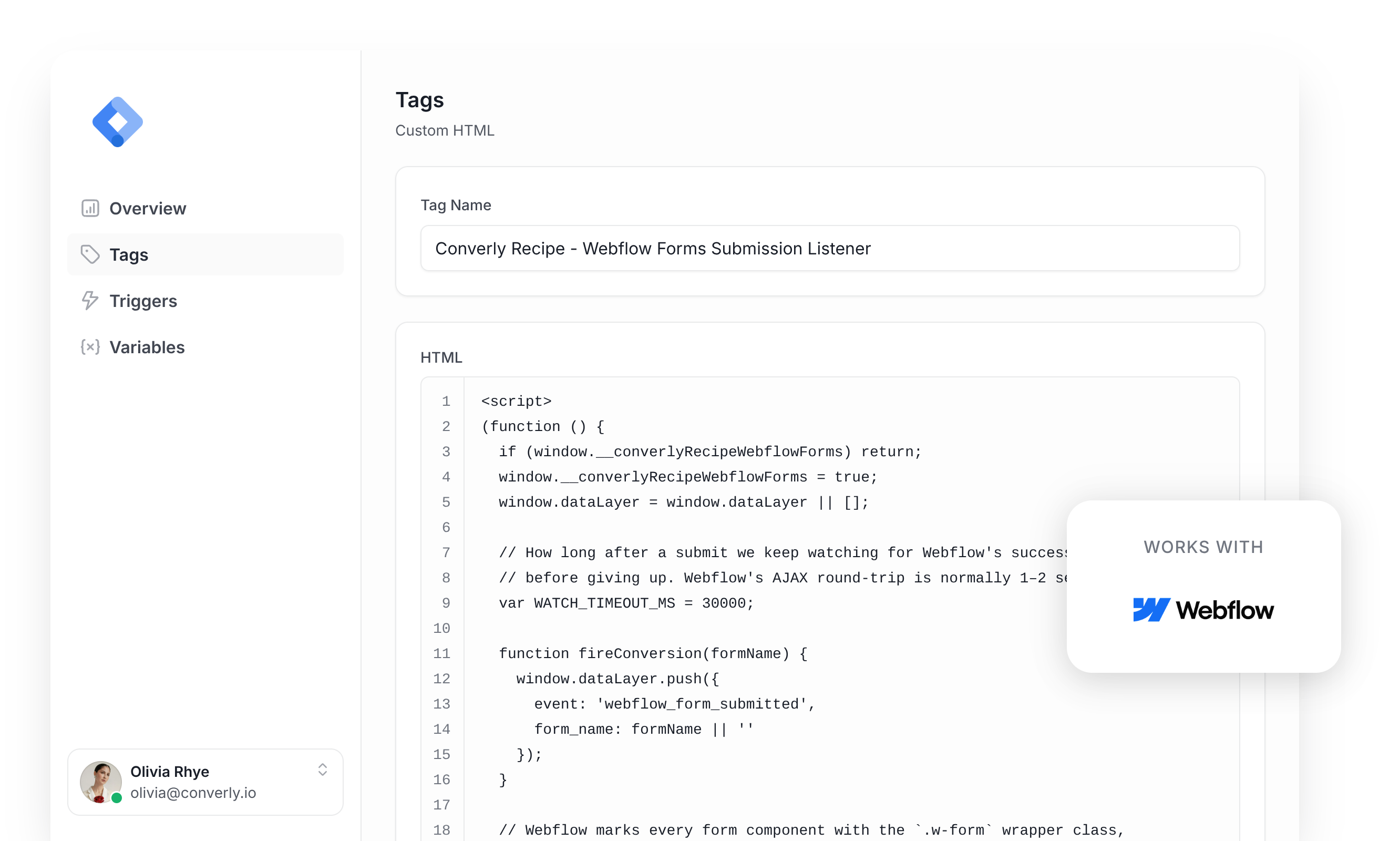 The Webflow Forms recipe tag inside Google Tag Manager